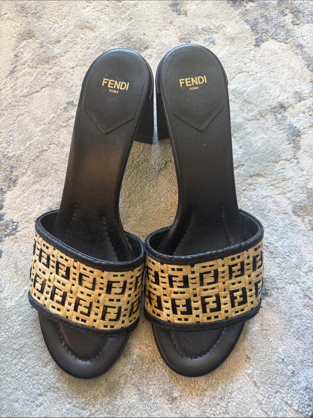 Fendi Black Leather Slides with Natural Woven Raffia Strap